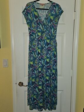 Abstract Teal & Purple Maxi Dress with V-Neck